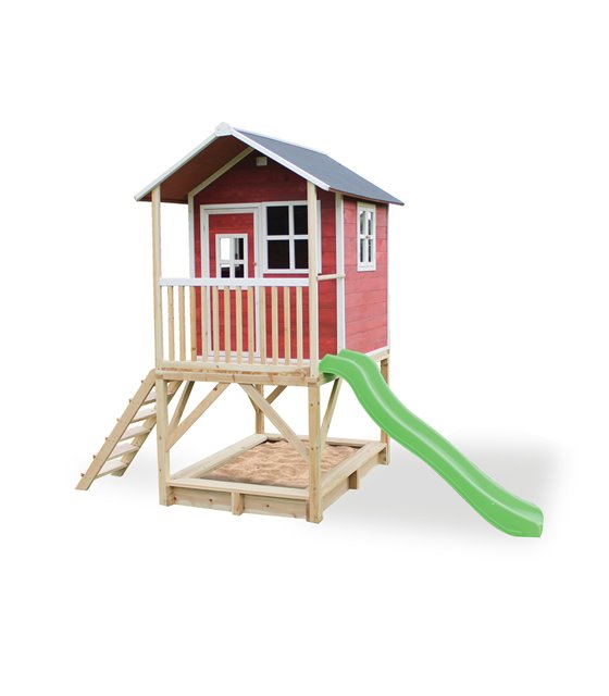 Wooden playhouse Exit Loft 500 with slide red