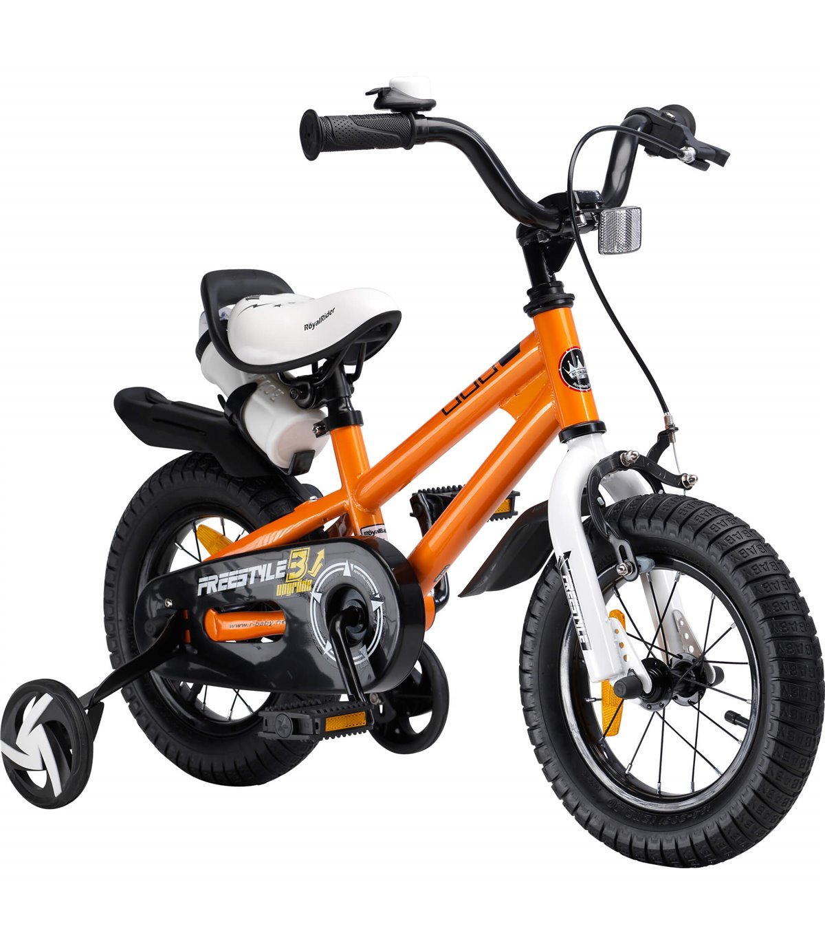 Un Vélo Avec Des Jantes Orange Et Un Réflecteur Blanc.