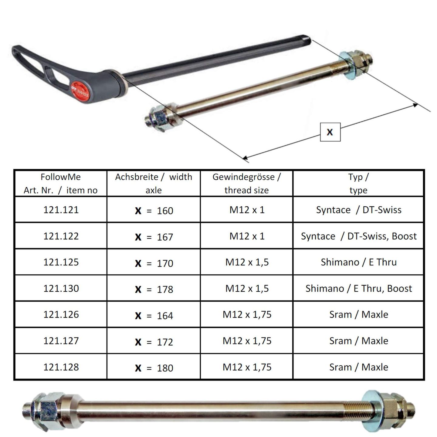 Steckachs-Aufnahmeadapter M12 x 1.5 Länge 178 mm